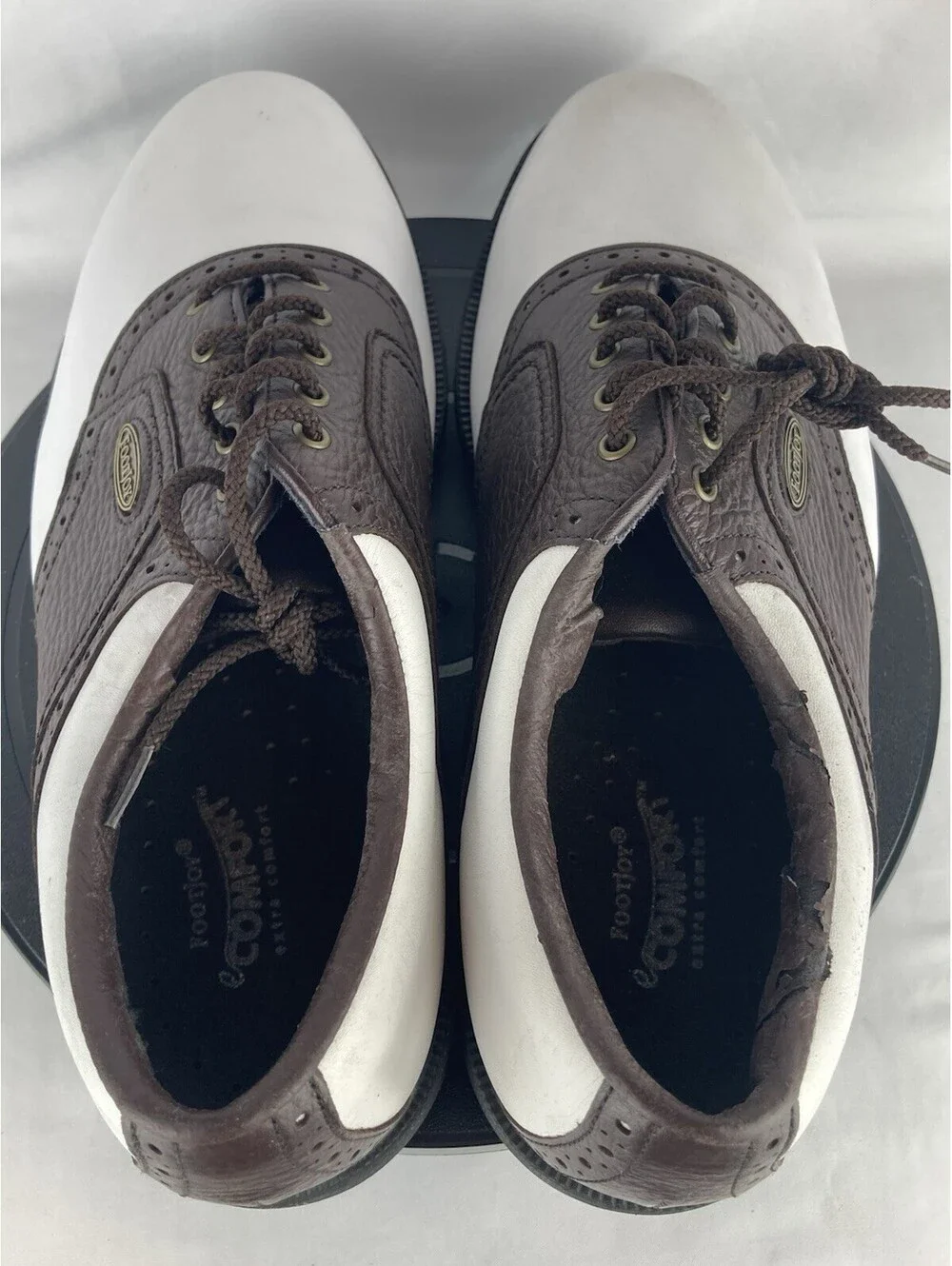 Men’s Size 10 FootJoy eComfort Golf Shoes White Brown Saddle Oxford Spikes